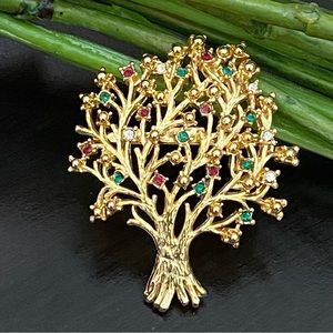 Vintage Unsigned Gold-tone Tree with Red Green & Clear Stones Brooch